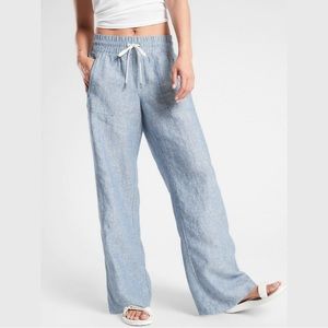 Athleta Cabo Blue 100% Linen Wide Leg Drawstring Pants Women’s 16